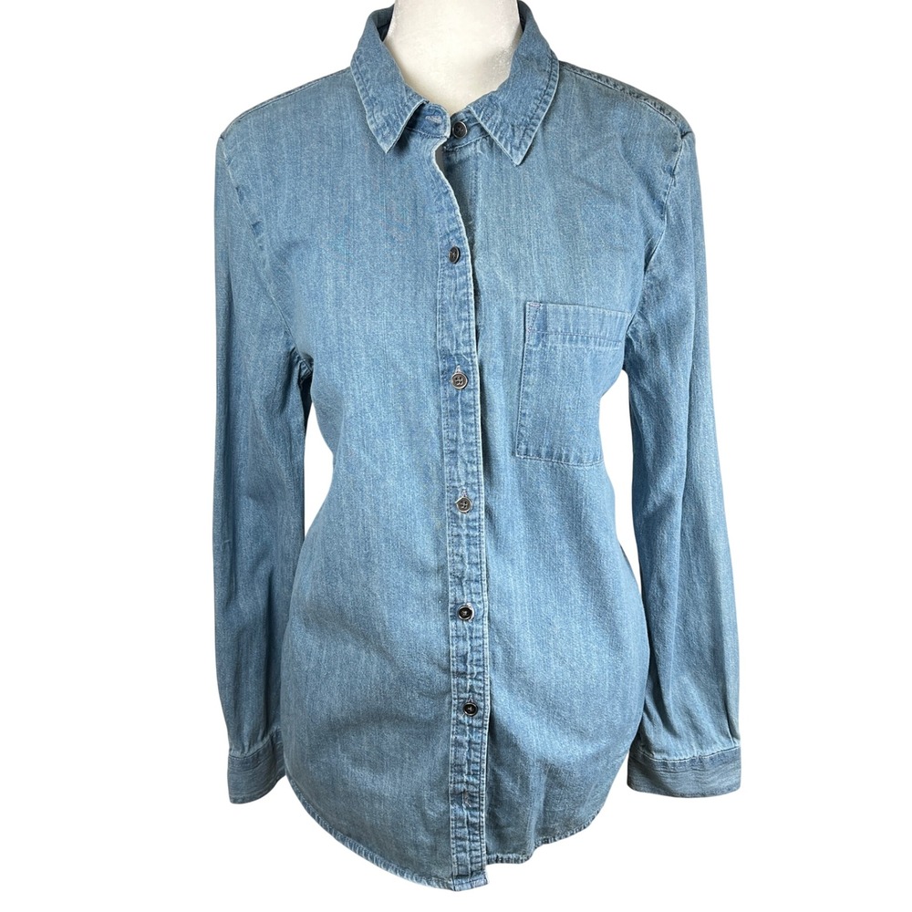 Style & Co Womens Light Wash Denim Button Down Shirt Long Sleeve Cotton Size M